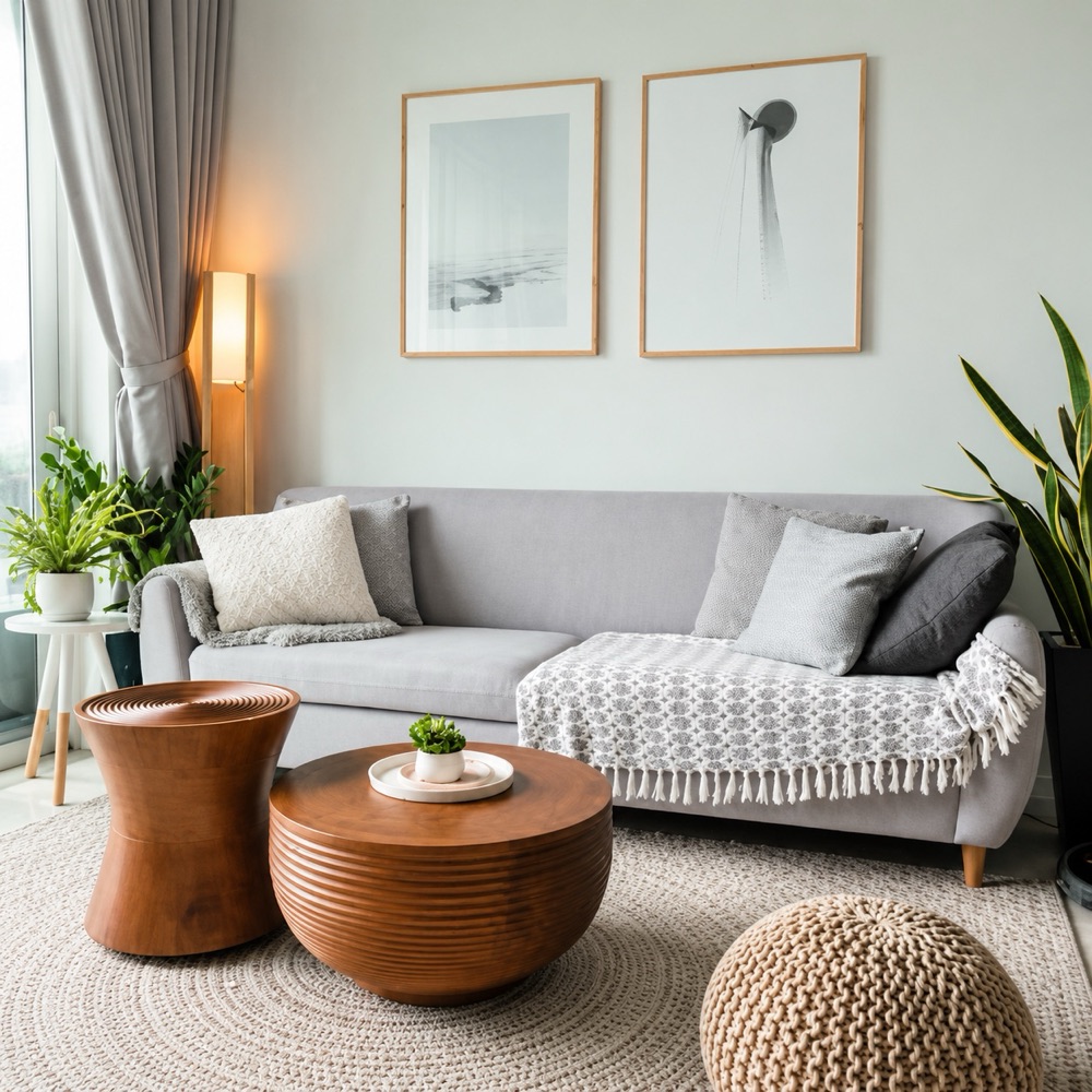 El mismo salón con más muebles, cojines y plantas